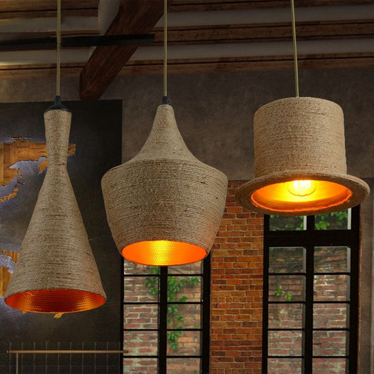 Industrial Style Single Hemp Rope Pendant Light In Brown - Ceiling Hanging Fixture