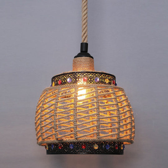 Rustic Hemp Rope Hanging Lamp Vintage Single-Bulb Pendant For Restaurants - Brown / M