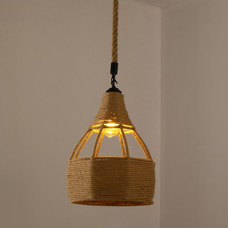 Hemp Rope Caged Pendant Light - Vintage Single-Bulb Hanging Fixture For Restaurants In Brown / K