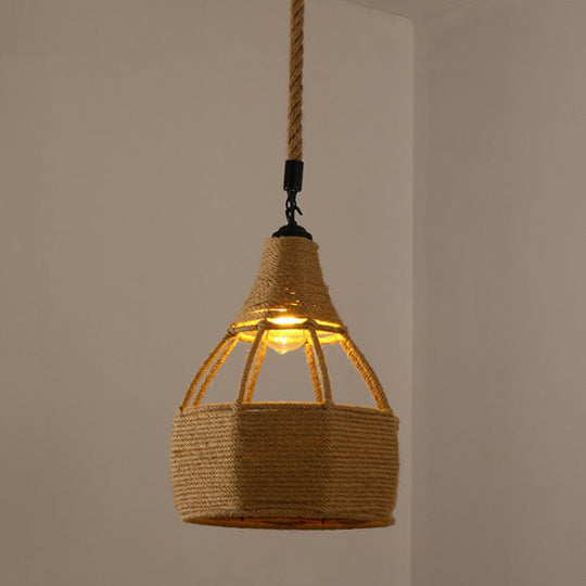 Hemp Rope Caged Pendant Light - Vintage Single-Bulb Hanging Fixture For Restaurants In Brown / K