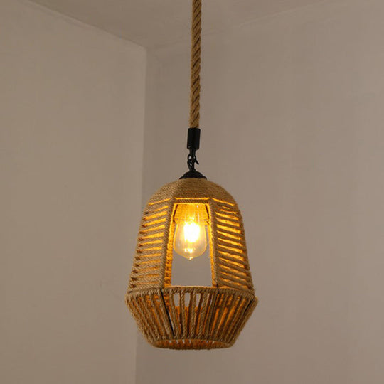 Hemp Rope Caged Pendant Light - Vintage Single-Bulb Hanging Fixture For Restaurants In Brown / H
