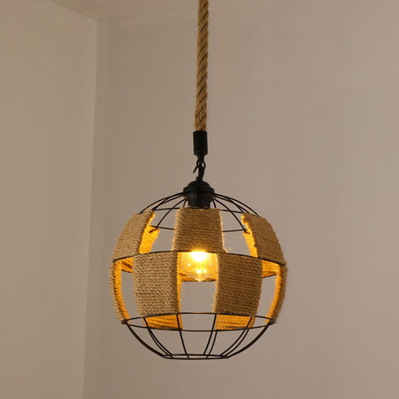 Hemp Rope Caged Pendant Light - Vintage Single-Bulb Hanging Fixture For Restaurants In Brown / L