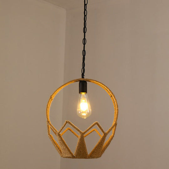 Hemp Rope Caged Pendant Light - Vintage Single-Bulb Hanging Fixture For Restaurants In Brown / J