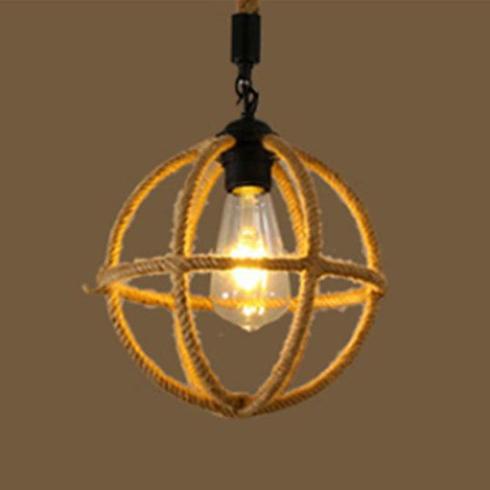 Hemp Rope Caged Pendant Light - Vintage Single-Bulb Hanging Fixture For Restaurants In Brown / B