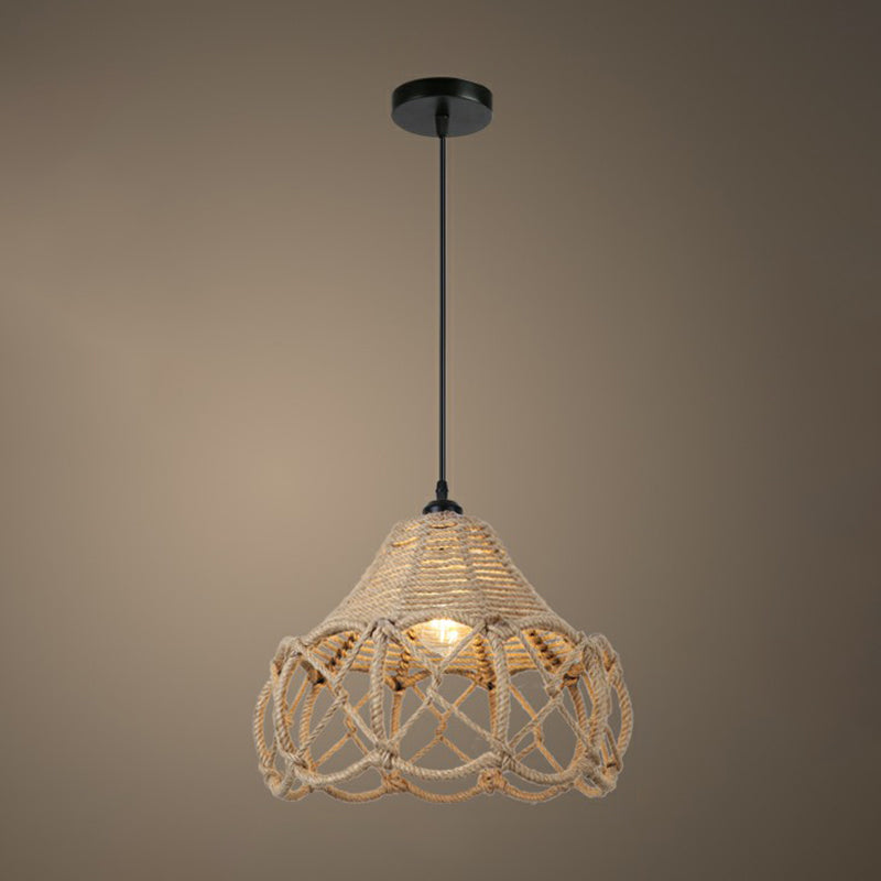 Rustic Hemp Rope Pendant Light Fixture In Brown - Vintage Wrapped Hanging Lamp With 1 Bulb / H