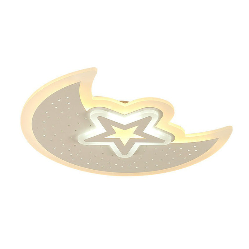 Contemporary Acrylic Flush Mount Ceiling Light With Crescent And Star Design - White Led Lighting