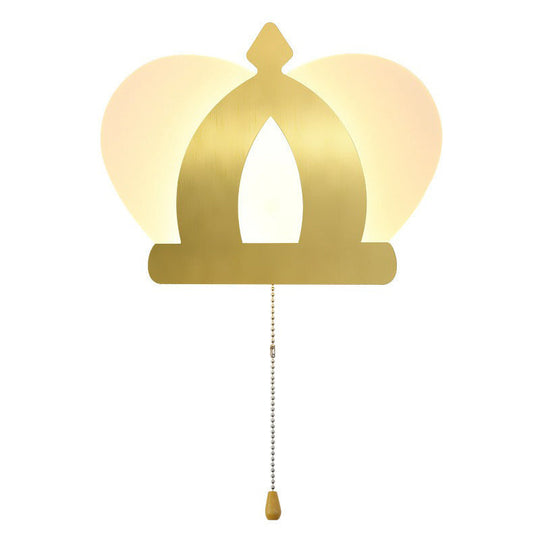 Modern Gold Led Wall Sconce Lamp Crown Acrylic Lighting Fixture With Pull Chain For Bedroom