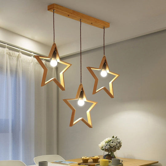 Nordic Style Wood Star Wire Frame Pendant Ceiling Light With 3 Heads