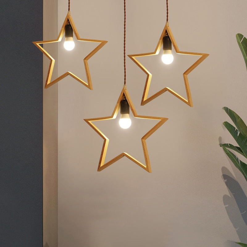 Nordic Style Wood Star Wire Frame Pendant Ceiling Light With 3 Heads