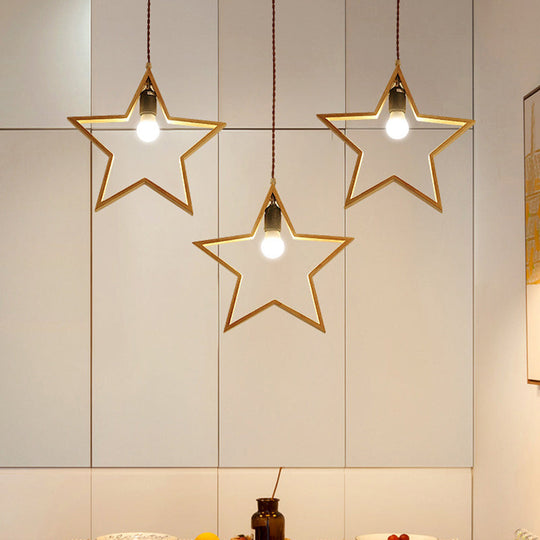 Nordic Style 3-Head Wood Star Pendant Ceiling Light - Wire Frame Multi Suspension Lighting