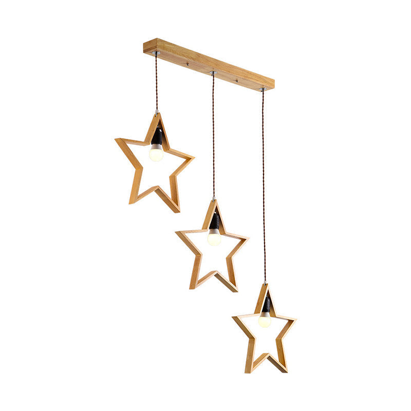 Nordic Style Wood Star Wire Frame Pendant Ceiling Light With 3 Heads
