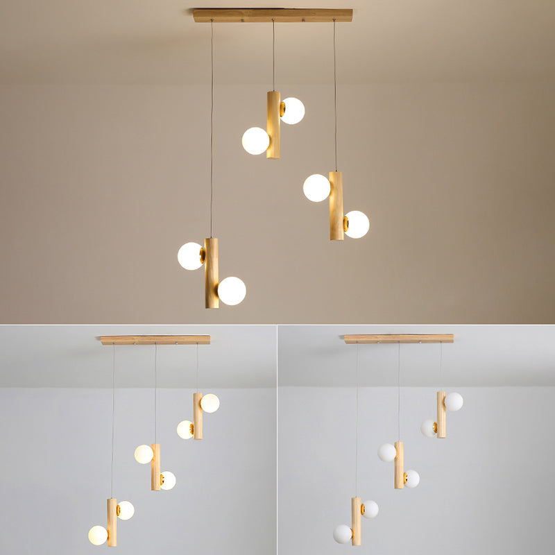 Contemporary Modo Light Cream Glass Pendant In Wood For Dining Room