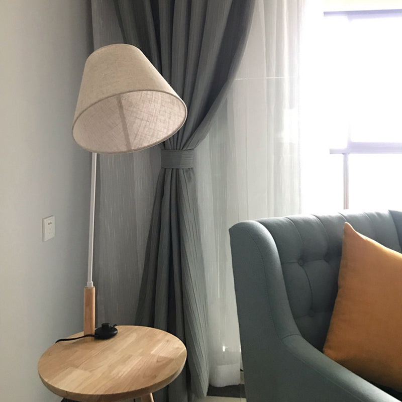 Modern Nordic Stand Up Floor Lamp With Wooden Tray - White Fabric Shade