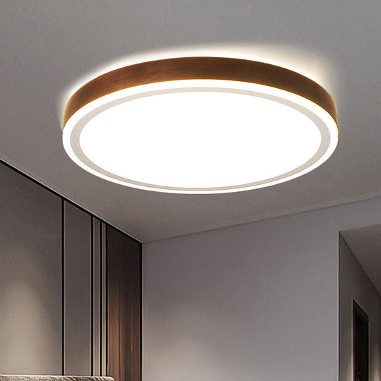 Wooden Led Flush Mount - Minimalist Round Light Fixture For Bedroom In Brown