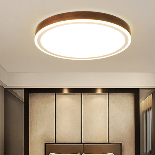 Wooden Led Flush Mount - Minimalist Round Light Fixture For Bedroom In Brown