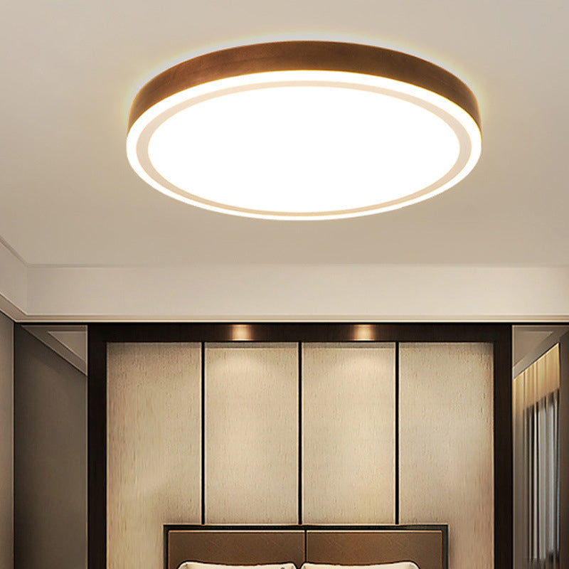 Wooden Led Flush Mount - Minimalist Round Light Fixture For Bedroom In Brown