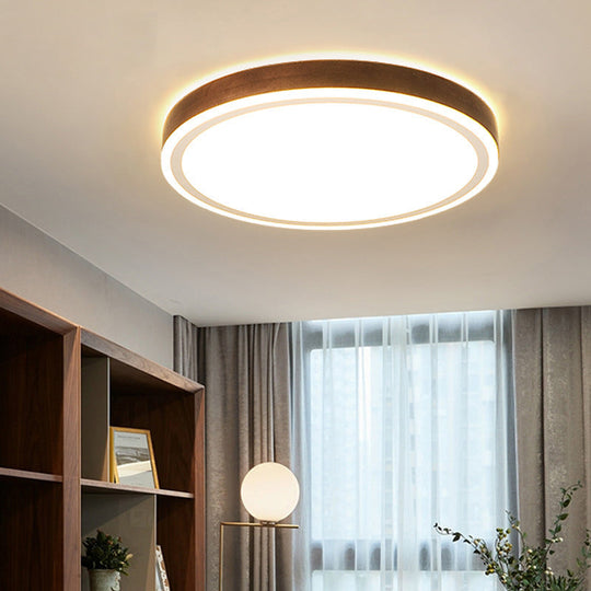 Wooden Led Flush Mount - Minimalist Round Light Fixture For Bedroom In Brown