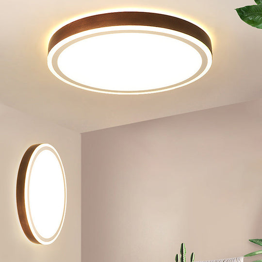 Wooden Led Flush Mount - Minimalist Round Light Fixture For Bedroom In Brown / 12 Natural