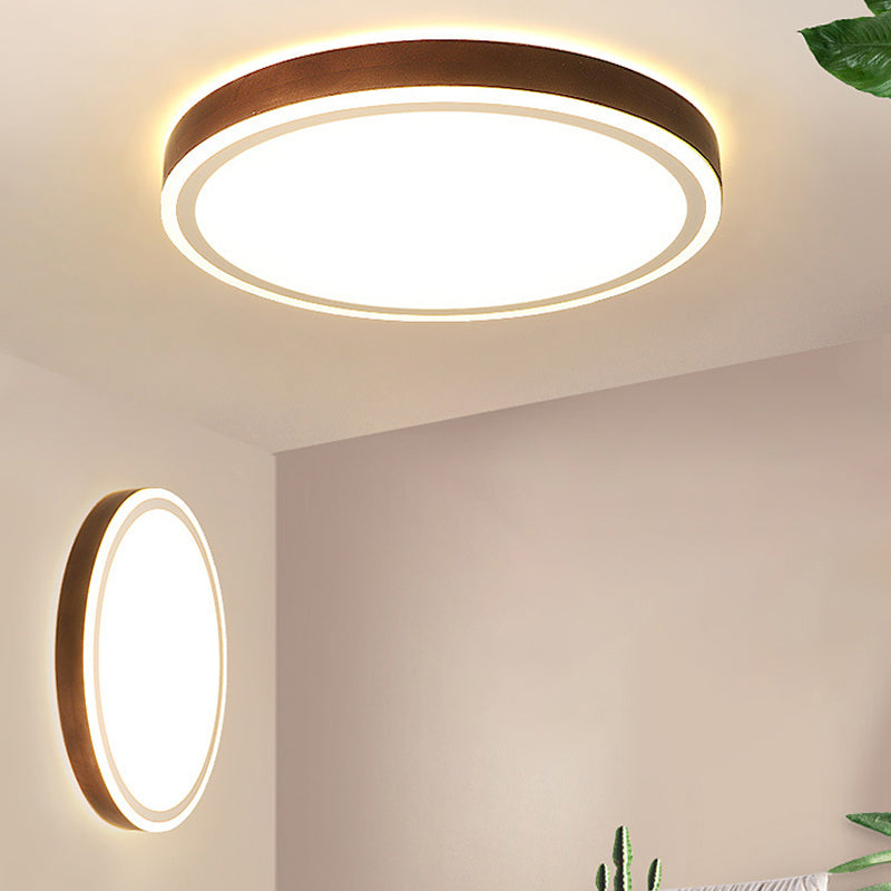 Wooden Led Flush Mount - Minimalist Round Light Fixture For Bedroom In Brown / 12’ Natural