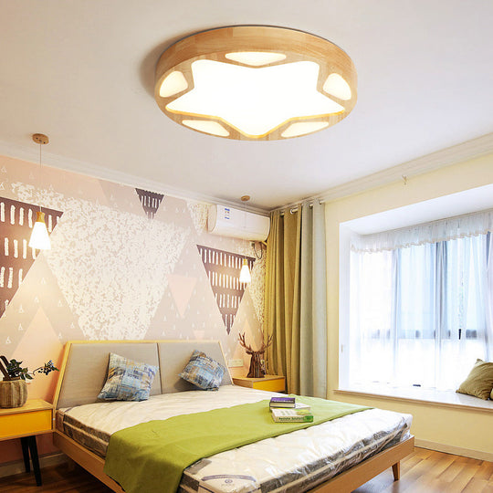 Modern Star Flush Ceiling Light For Kids Bedroom - Led Wood Mount Fixture / 16 Warm