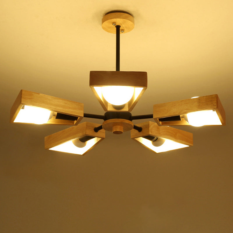 Minimalist Wood Suspension Chandelier For Living Room - Trapezoid Frame Design