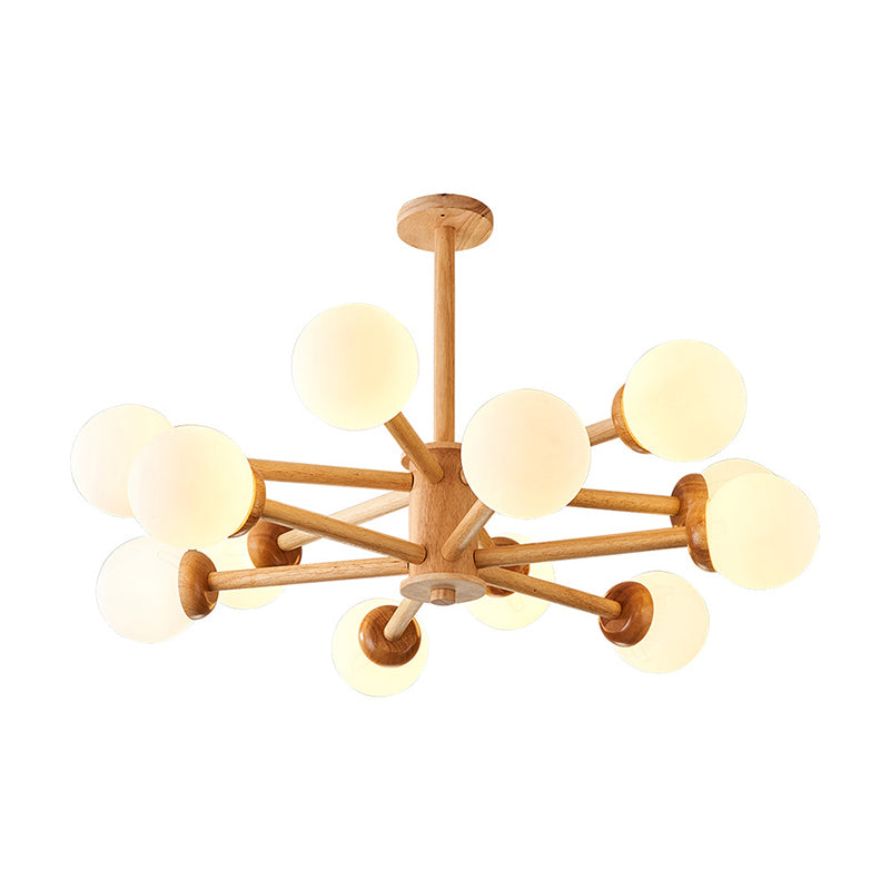 Sleek Minimalist Cream Glass Bedroom Chandelier Light With Wood-Embellished Modo Shaped