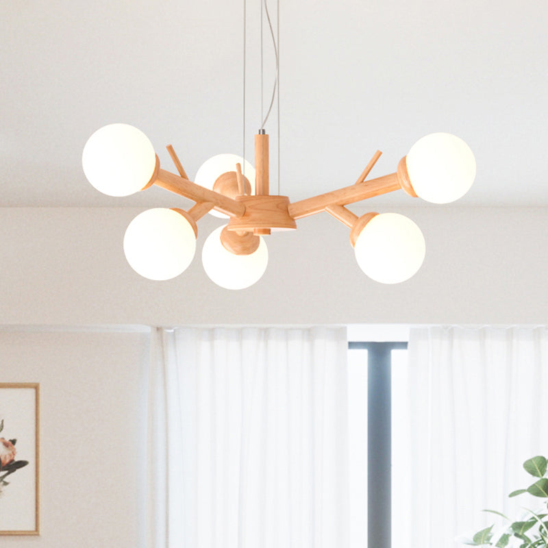 Simplicity Chandelier Light Fixture With Frosted Glass Shade - Wood Branch Ceiling Lighting 6 /