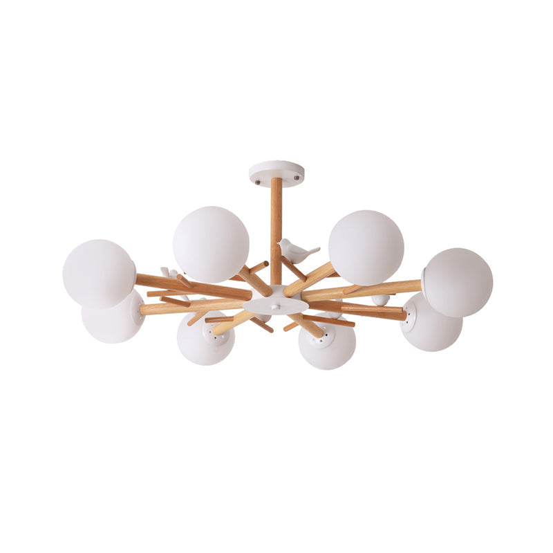 Simplistic Wood Pendant Light With Cream Glass Shade For Living Room Chandelier
