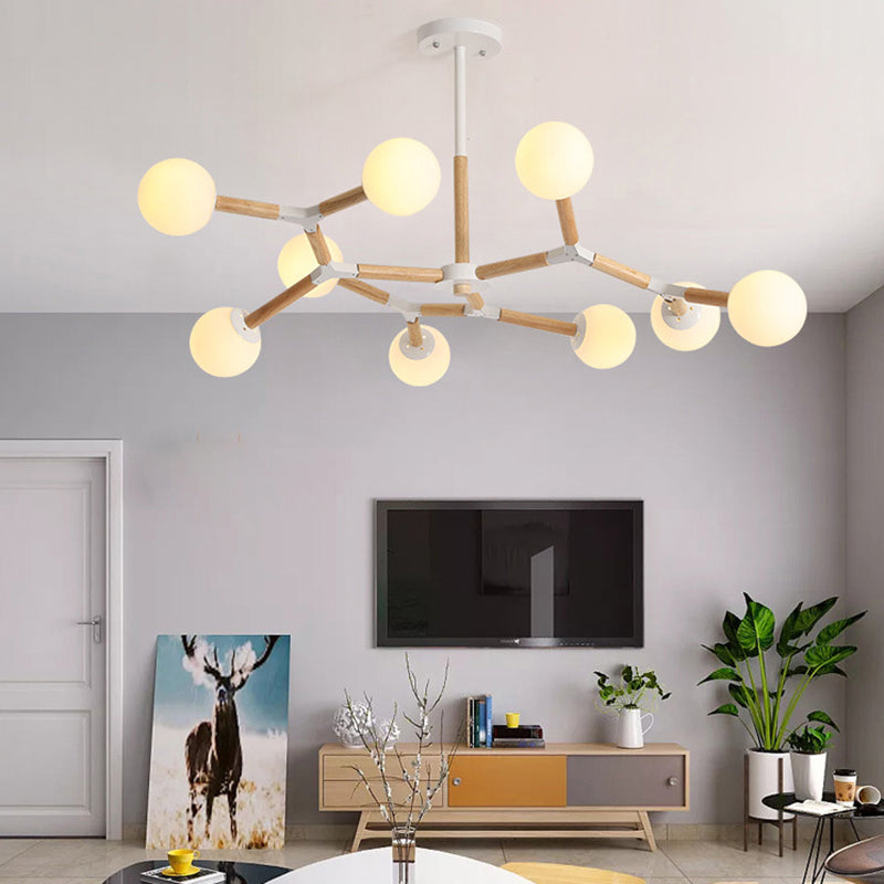 Nordic Handblown Glass Dining Room Chandelier Light With Wood Accent