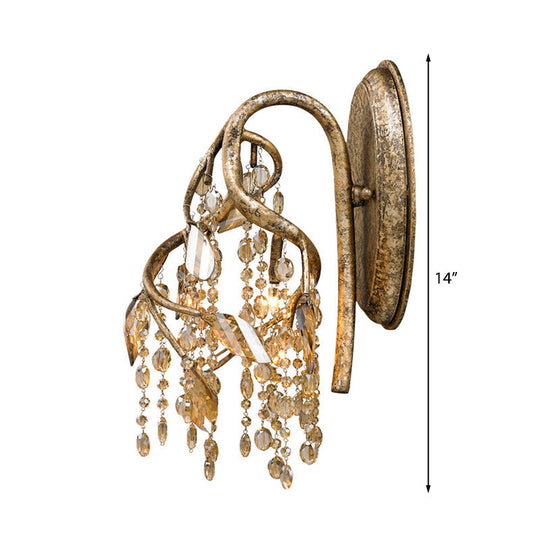 Vintage Metal Wall Mount Sconce Light With Amber Crystal Bead Accent - Brass Finish 1 Bulb