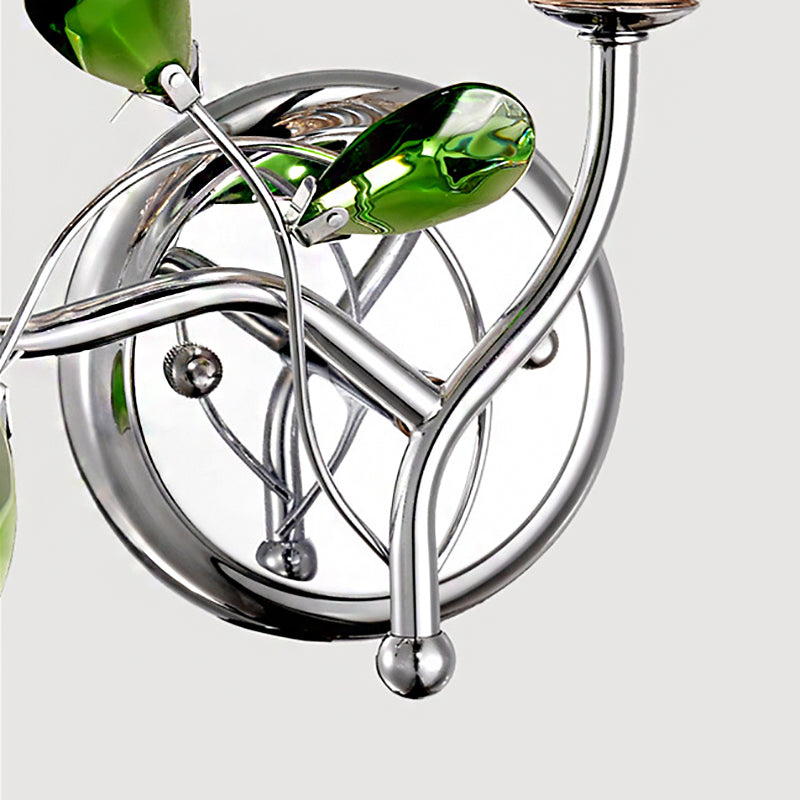 Vintage Bell Amber Glass Sconce Lamp - Stylish Chrome Wall Light With Green Teardrop Crystal Deco