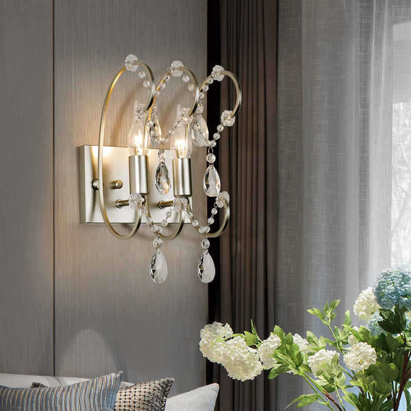 Vintage Exposed Sconce With Metallic Chrome Finish Clear Crystal Beads And 2 Bulbs For Living Room