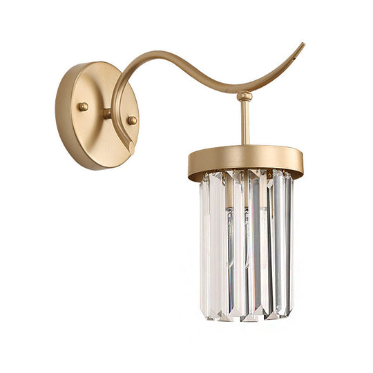 Modernist Curved Metal Wall Sconce Lamp - 1 Head Brass Finish With Clear Crystal Block