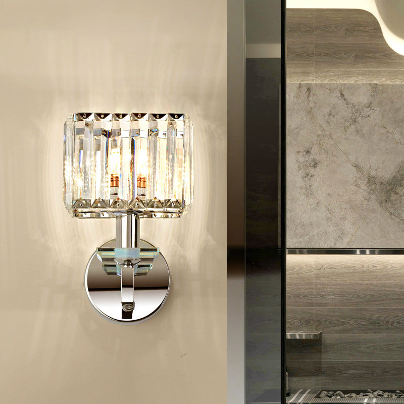 Contemporary Metal Wall Sconce - Cubic Design With Clear Crystal Block Chrome Finish