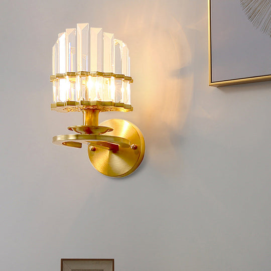 Contemporary Clear Crystal Prism Wall Lamp With Brass Backplate - 1 Light Fixture