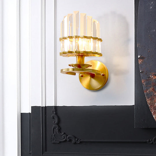 Contemporary Clear Crystal Prism Wall Lamp With Brass Backplate - 1 Light Fixture