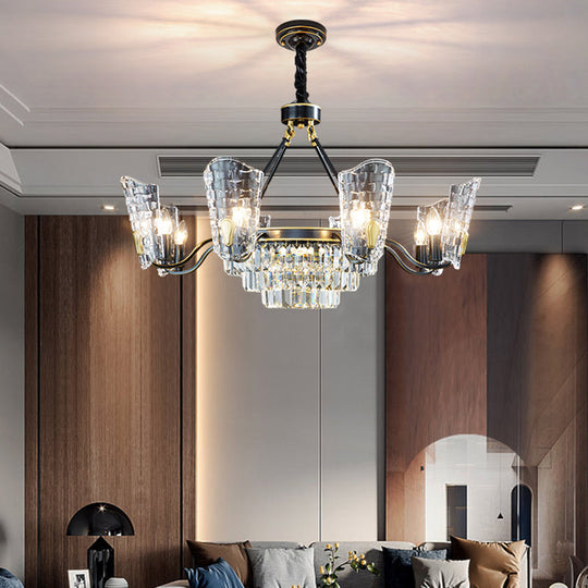 Modern Crystal Shield Ceiling Chandelier - 4/6/8 Lights Black Hanging Light Kit