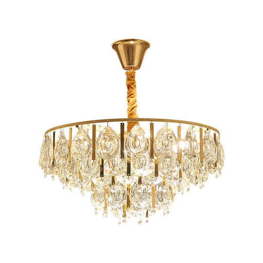 Contemporary Round Teardrop Crystal Hanging Light Kit: 3/4 Lights Gold Chandelier 16’/19.5’ Wide