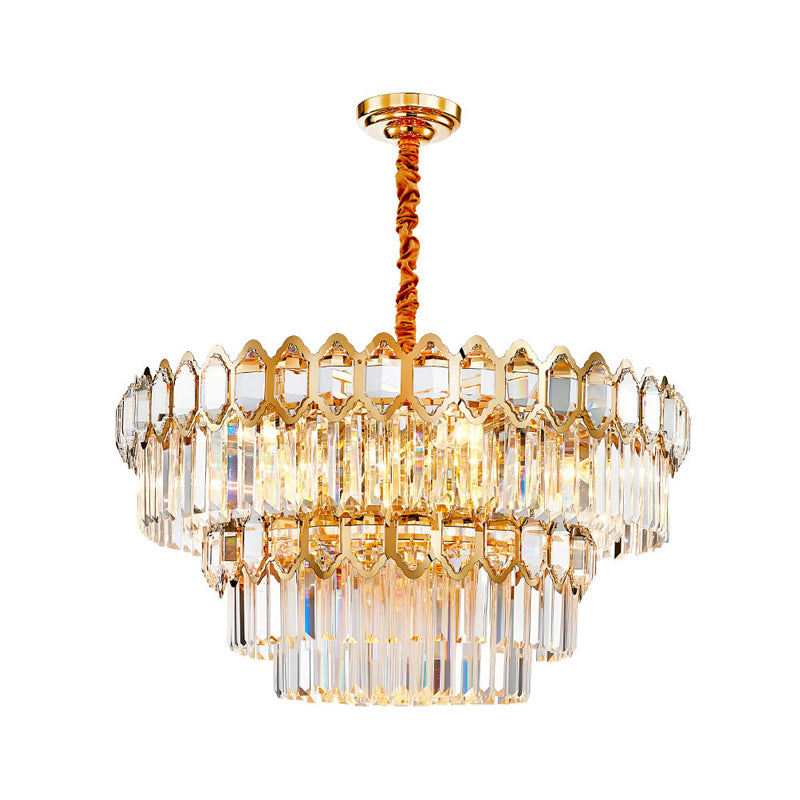Modern Layered Chandelier With Clear Crystal Prism 8-Light Gold Hanging Fixture