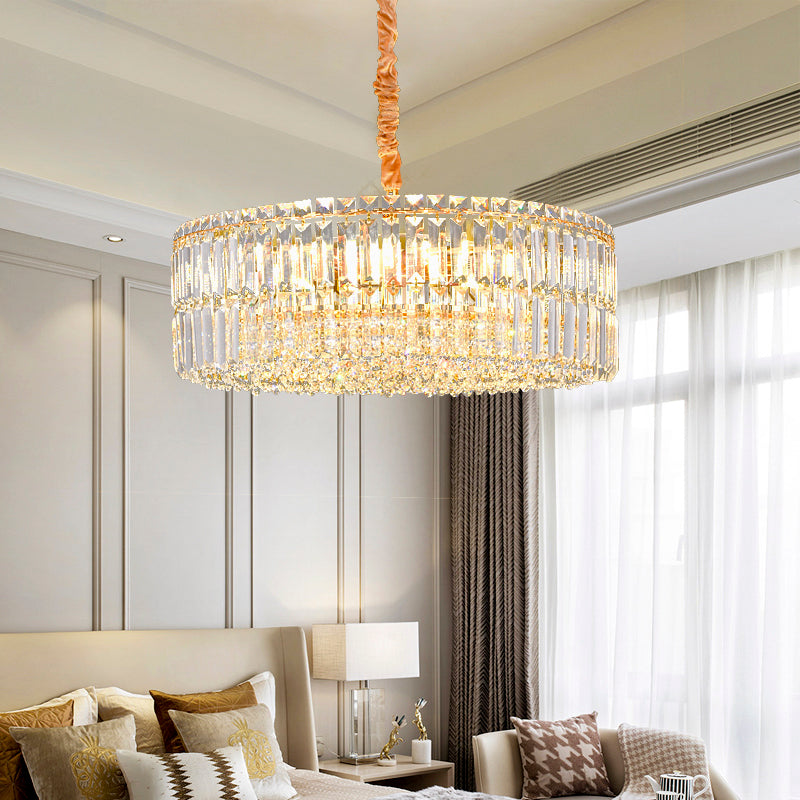 Contemporary Gold Drum Chandelier Light | 6/8 Lights Rectangular-Cut Crystal Ceiling Hanging