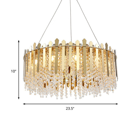 Brass Chandelier Light - 6-Light Living Room Hanging Kit With Drum Crystal Strand Shade
