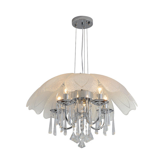 Contemporary Flower Chandelier - Textured Glass Shade 5-Light Chrome Ceiling Lamp With Crystal Drop
