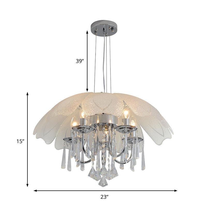 Contemporary Flower Chandelier - Textured Glass Shade 5-Light Chrome Ceiling Lamp With Crystal Drop