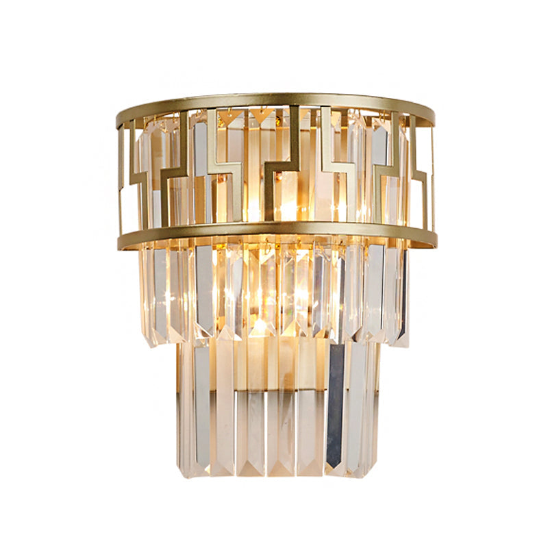 Brass Modernism Layered Wall Lamp With Clear Crystal - 2 Lights Bedside Sconce Fixture