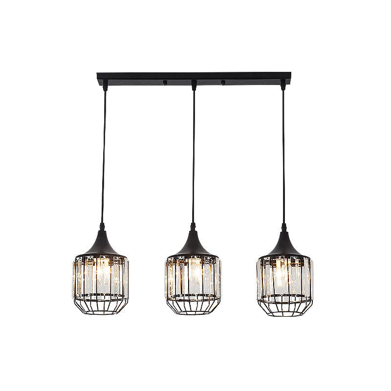 Nordic Black Dining Room Pendant With Metal And Crystal Shades - 3 Light Cluster