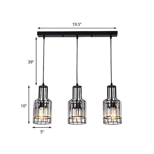 Modern 3-Light Dining Room Pendant With Nordic Black Finish Metal & Crystal Shade