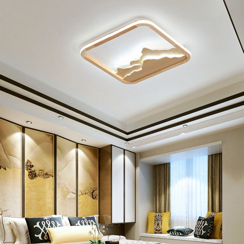 Chinese Mountain Wood Rectangle Flush Ceiling Led Light Fixture For Bedroom / 17’ Remote Control