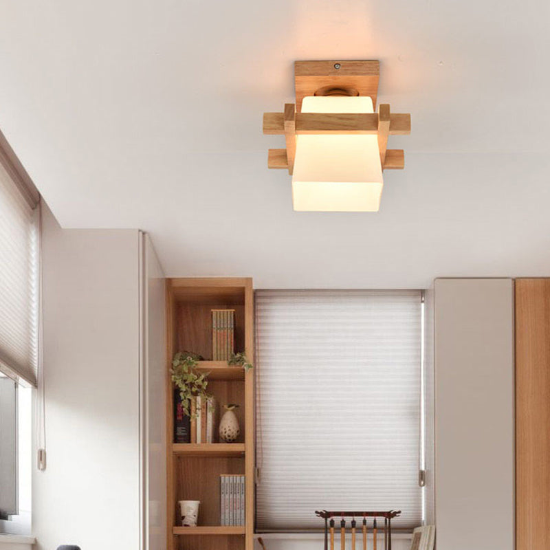 Japanese Wood Square Flush Mount Ceiling Light With White Glass Shade - Ideal For Corridors
