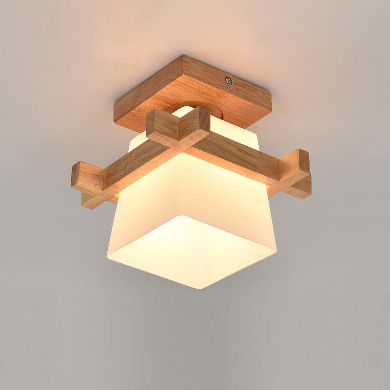 Japanese Wood Square Flush Mount Ceiling Light With White Glass Shade - Ideal For Corridors
