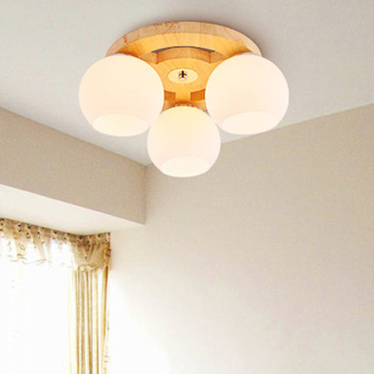 Simplicity White Glass Globe Flush Mount Ceiling Light With Wooden Canopy